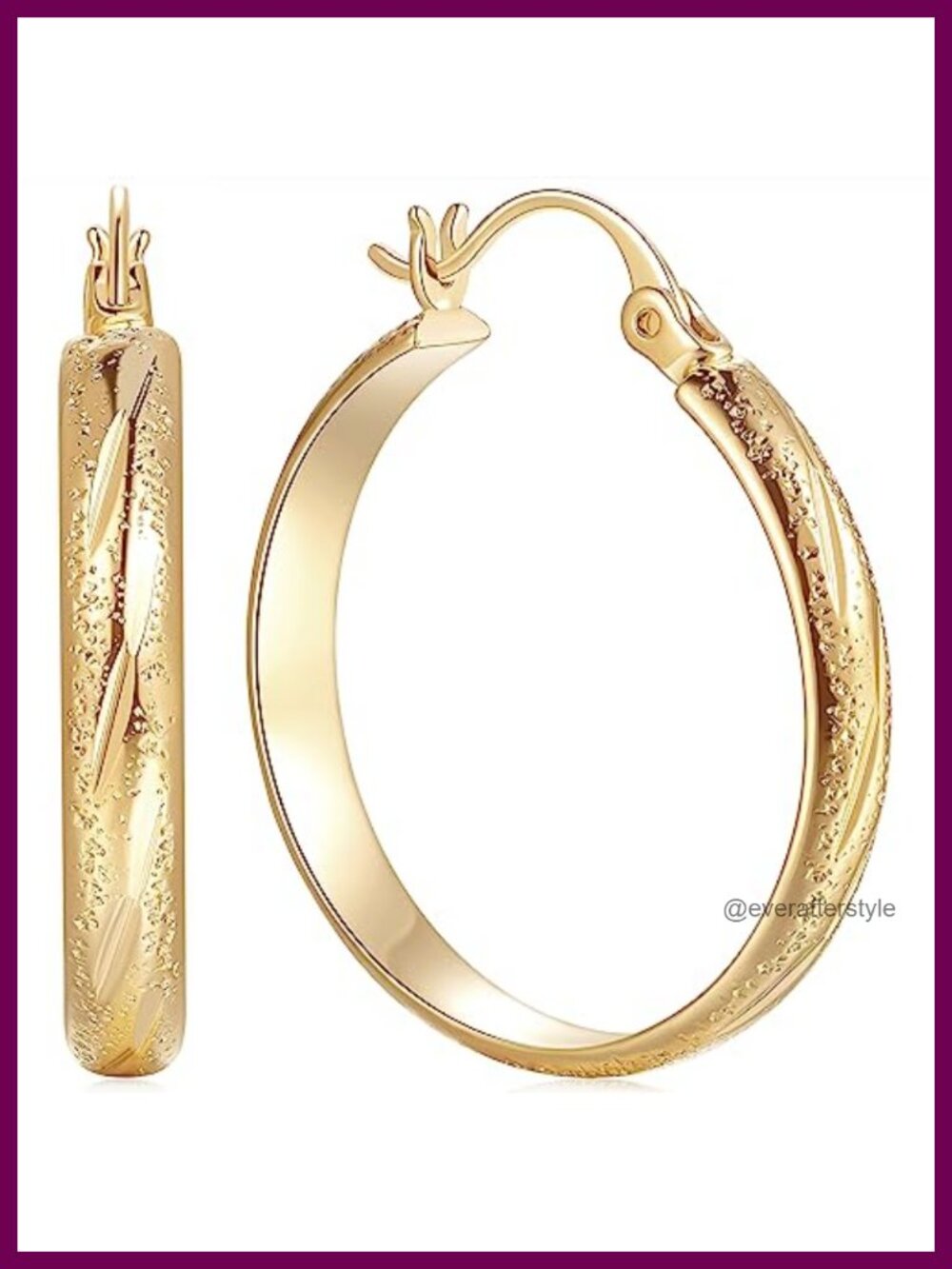 14K Gold Plated Women's Hoop Earrings, Etched Finish Hypoallergenic Earrings